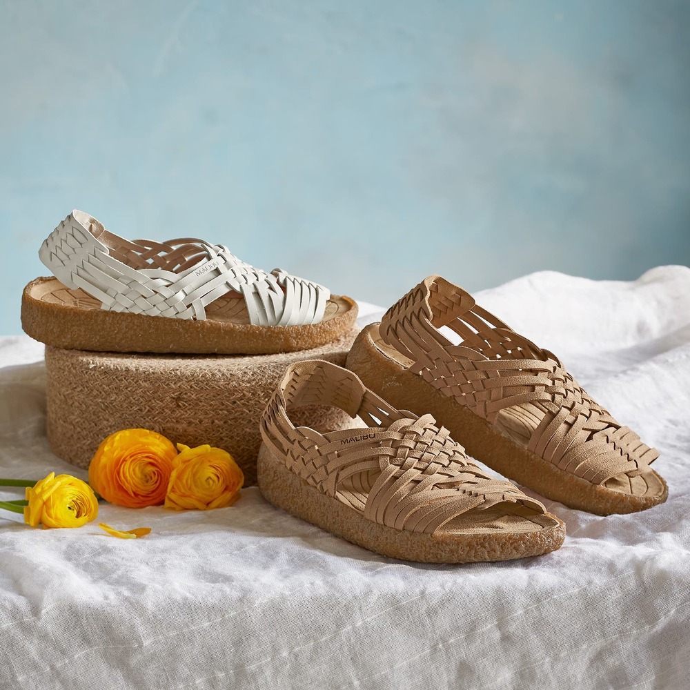 Woven Leather Slingback Sandals in Beige and White